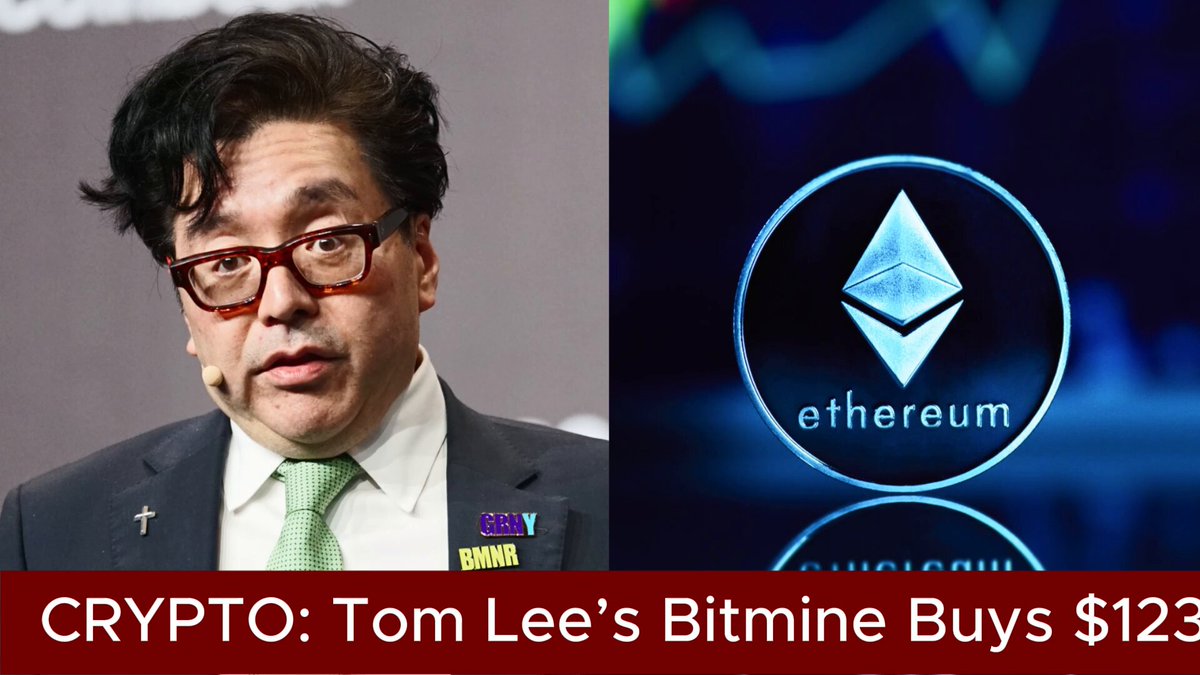 In this digital collage, a man with glasses, wearing a suit, appears near a Bitcoin logo and Bitcoin coin. The man's face is partially visible behind him as he poses for the picture. To his left, there is an overlay of another image featuring a Bitcoin logo and a price tag that reads "Cypto: Tom Lee's Bitmine Buys $123M More Ethereum Tom Lee ( @fundstrat ) backed Bitmine ( @BitMNR ) purchased another 75,000