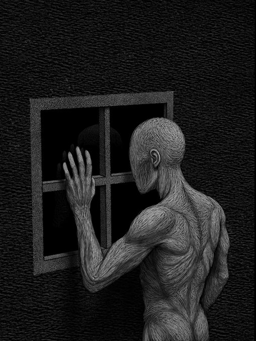 The image features a man with a hairy back standing next to a window, looking out of it. The background appears to be black, which contrasts with the white text that reads "Gm happy Sunday! ~~ Expectation ~~ 9/15 editions 2.5 $xtz". This combination of elements creates an interesting visual effect and draws attention to both the man's appearance and the post he is associated with.