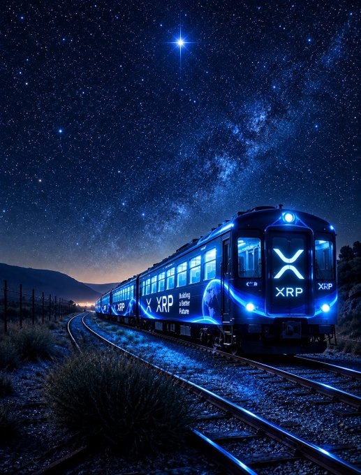 A digital artwork of a futuristic train branded with the 'XRP' logo and text traveling along tracks under a starry night sky with a bright star.