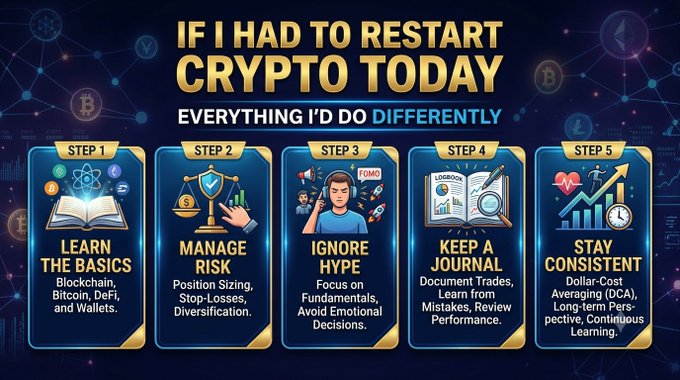 "IF I HAD TO RESTART CRYPTO TODAY: EVERYTHING I'D DO DIFFERENTLY" is a graphic outlining five steps: Learn the Basics, Manage Risk, Ignore Hype, Keep a Journal, and Stay Consistent, which complement the accompanying post's advice.