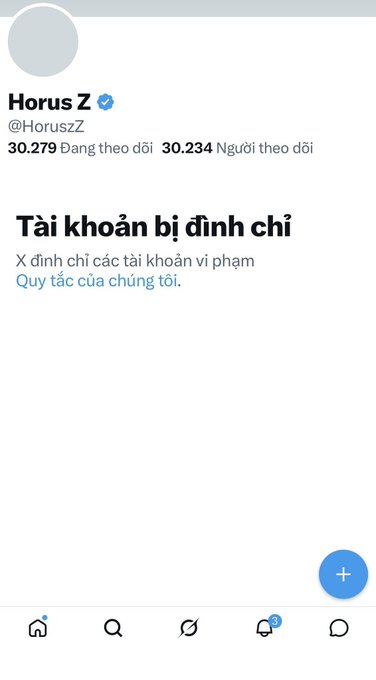 An X (Twitter) profile page for 'Horus Z' (@HoruszZ) with approximately 30K followers, displayed in Vietnamese and showing 'Tài khoản bị đình chỉ' (Account suspended).