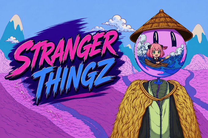 An anime-style illustration featuring the text 'STRANGER THINGZ' in pink and blue, with a pink-haired character in a bowl on a straw cloak, set against a purple mountainous landscape.