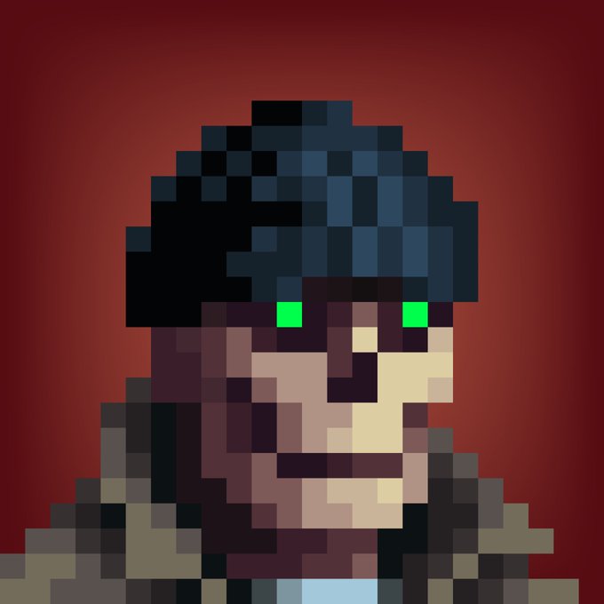 A pixel art portrait of a character with dark hair, green eyes, and brown skin against a solid red background.