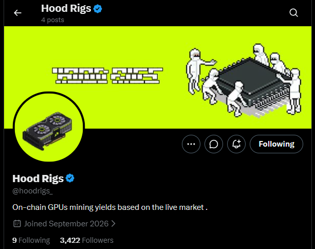 A Twitter/X profile page for 'Hood Rigs' (@hoodrigs_) with 3,422 followers, describing 'On-chain GPUs mining yields based on the live market' with a pixel-art banner and logo showing graphics cards.