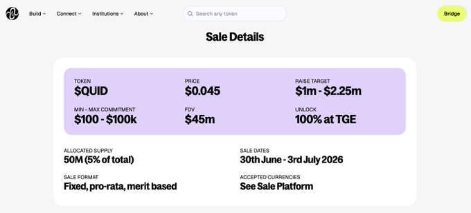 The image displays the Sale Details for Squid (QUID) token, highlighting a sale price of $0.045, a $45M FDV, and a raise target of $1m–$2.25m, with sale dates from 30th June to 3rd July 2026. This directly supports the post's criticism, as the $45M FDV is nearly equal to Axelar's entire $52M valuation despite Squid being built on top of Axelar's infrastructure.