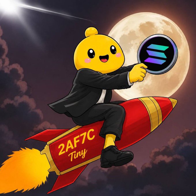 The image features a cartoon character, likely a man or a boy, dressed in a suit and holding a coin with a blue and green design on top of it while riding a red rocket ship through space. The caption below the image reads "we make tiny noise lol the #ticker is $tiny @ TinyHumansAISol 2AF7CqwieUjUPALL7icuZtL3X7wENdjUjGBMmfV2pump".