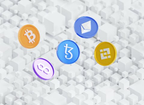 A 3D-rendered image showing five cryptocurrency coin icons (Bitcoin, Ethereum, Polygon, and two others) floating above a landscape of white blocks.