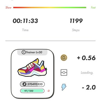 The image shows a phone screen displaying information about a pair of colorful sneakers, possibly for sale or tracking purposes. The sneakers are displayed with their price and a timer showing that they have been worn for 2 hours and 30 minutes. There is also a step counter on the screen, indicating how many steps were taken during the activity related to the sneakers.