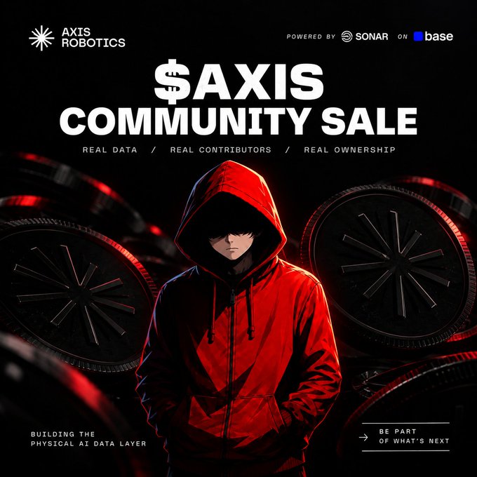 A dark red and black promotional graphic for '$AXIS COMMUNITY SALE' featuring an anime-style character in a red hooded jacket standing among large black tokens, with text reading 'REAL DATA / REAL CONTRIBUTORS / REAL OWNERSHIP' and 'BUILDING THE PHYSICAL AI DATA LAYER'.