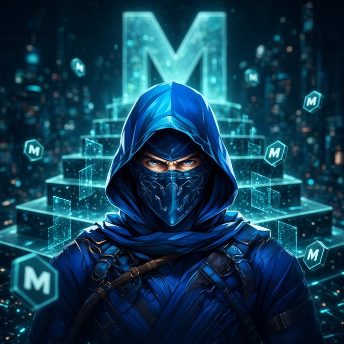 A hooded cyber ninja in blue armor stands before a glowing "M" emblem and floating "M" tokens, evoking a high-stakes, futuristic realm that mirrors MINT's gamified crypto ecosystem where players earn XP and rank up for $MNTD rewards ahead of its Q4 2026 TGE.