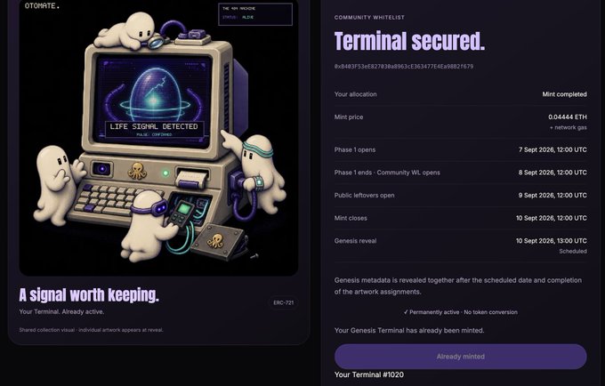 A dark webpage for 'OTOMATE' displays 3D-rendered ghost-like figures around a retro computer monitor reading 'LIFE SIGNAL DETECTED', alongside a 'Terminal secured' section noting mint dates in September 2026.