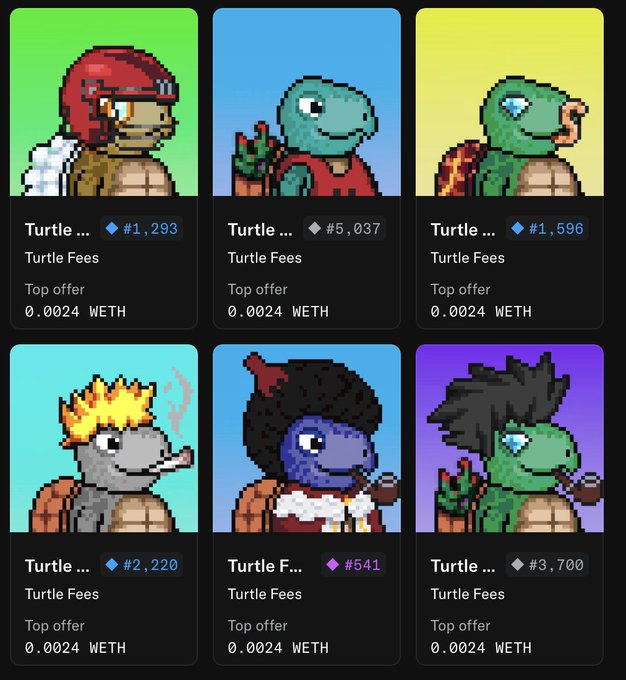 A grid of six pixel-art turtle NFT collectibles from a collection called 'Turtle Fees,' each priced at a top offer of 0.0024 WETH, with various numbered editions (e.g., #1,293, #5,037, #1,596, #2,220, #541, #3,700).