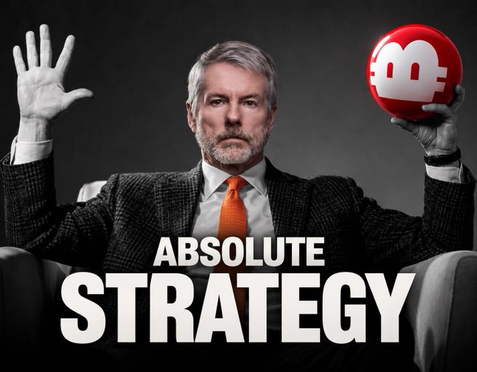 Michael Saylor, executive chairman of Strategy (formerly MicroStrategy), poses with arms outstretched while holding a red ball featuring the company's "₿" Bitcoin logo, beneath bold white text reading "ABSOLUTE STRATEGY," visually reinforcing the post's message about how MSTR and STRC transform Bitcoin into digital capital, equity, and credit instruments.