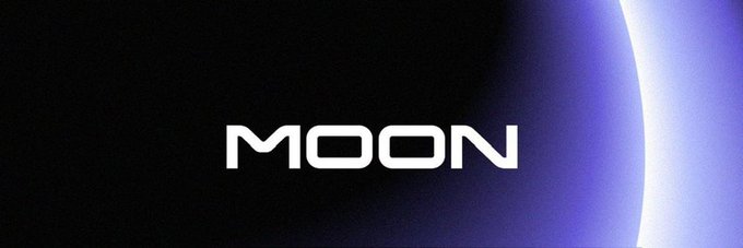The image displays the word "MOON" in bold white text against a dark cosmic background with a glowing blue celestial body on the right side, visually emphasizing the post's reference to the cryptocurrency "MOON" and the extraordinary 1000x leverage gains mentioned in the caption.