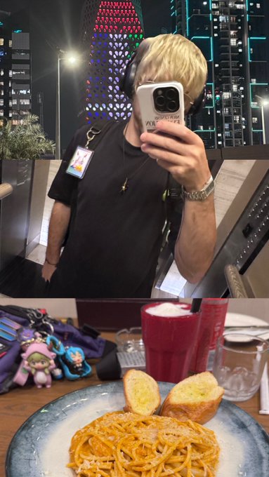 A split image shows a person with blonde hair taking a mirror selfie with a phone at the top, and a plate of spaghetti with garlic bread and a red drink below.