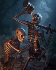 A dark digital artwork depicting two skeletons in a cave, with one skeleton sitting on a rock while another appears to be operating or repairing it like a machine.