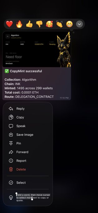 A Telegram post shows a successful "CopyMint" notification featuring an algorithm called "Need floor" with 1495 wallets minted across 299 holders, accompanied by an NFT character image of a dog. The post's accompanying text "Cool" reflects a positive reaction to this DeFi minting activity on the INK chain, which cost only 0.0001 ETH.