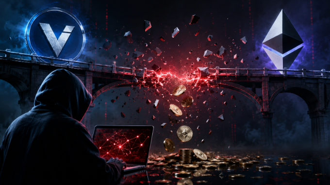 Dramatic digital artwork depicting a hooded hacker with a laptop on a bridge, symbolizing an attack on the bridge between the V (Voyager) and Ethereum cryptocurrency logos, with coins and debris exploding.