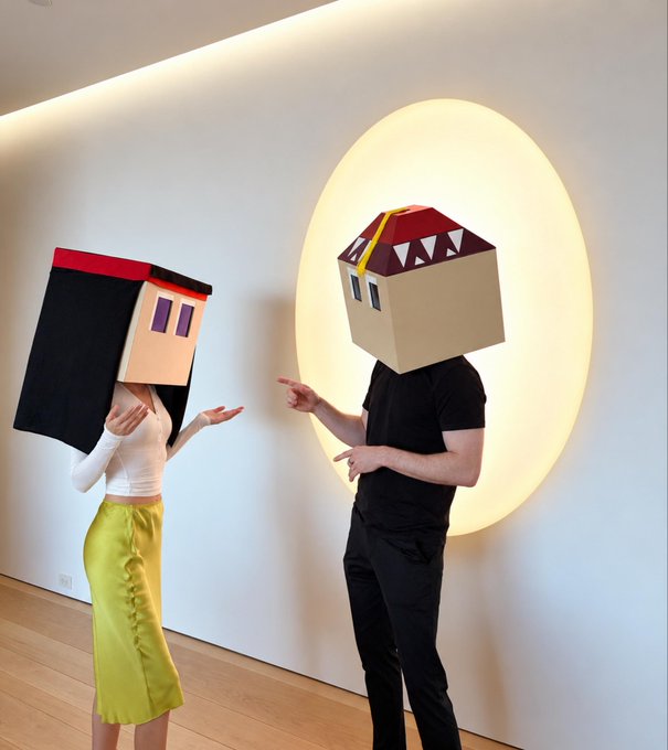 Two people wear whimsical geometric character masks—a red-topped cube-headed figure and a black cube-headed figure—standing before a glowing yellow oval light as if in playful confrontation. The masks evoke the blocky, polygonal tribes of the Polytopia game, tying into the post's playful prediction market commentary about the upcoming Polytopia World Championship sponsored by Coinbase.