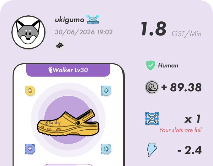 A screenshot from the STEPN app shows a user "ukigumo" with a "Walker Lv30" yellow sneaker earning 1.8 GST/Min, along with stats showing +89.38 earned, a running shoe NFT, and a -2.4 energy cost, while the post offers a free activation code "35420652" for an OG Walker sneaker.
