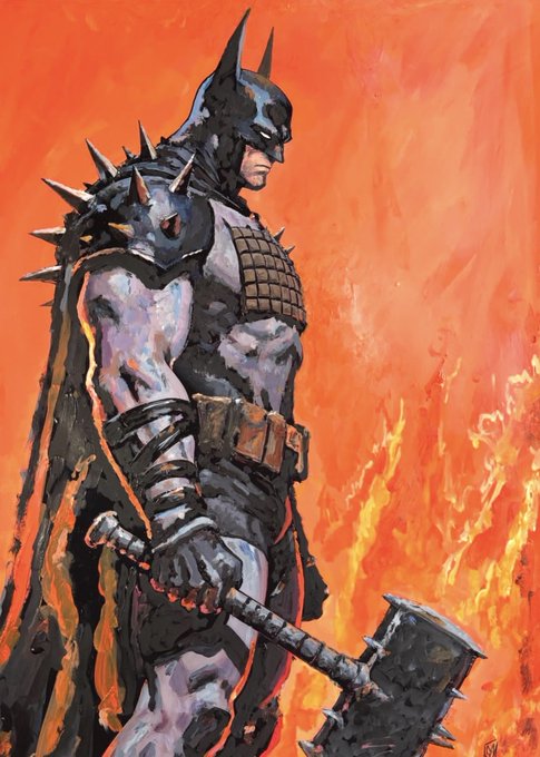 A fierce Batman stands in profile against a fiery orange backdrop, clad in spiked black armor and wielding a massive spiked mace, with visible text "Absolute" in the upper right corner—matching the bold, battle-ready spirit of the post depicting Tad as an unstoppable force ready to crush critics.