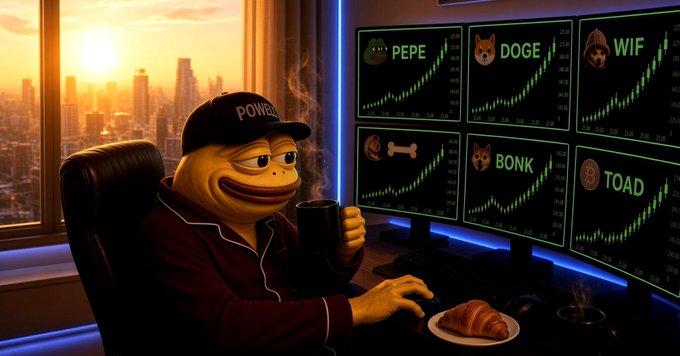 A cartoon Pepe-like trader in a cap sits at a workstation monitoring green rising charts labeled PEPE, DOGE, WIF, BONK, and TOAD, with a croissant and coffee nearby.
