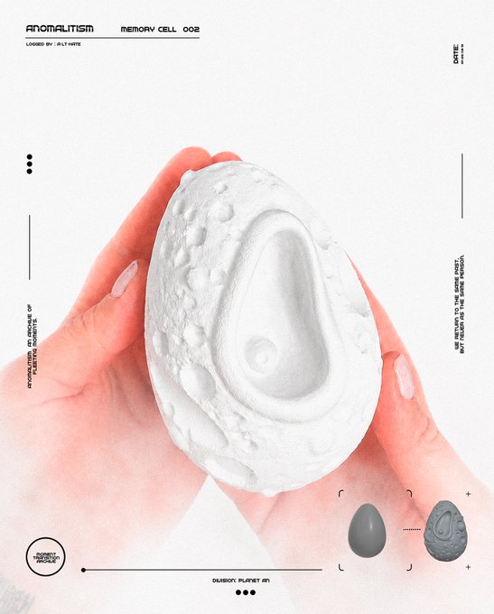 A hand cradles a white 3D-printed object titled "MEMORY CELL 002" from the "ANOMALITISM" series, its crater-pocked, egg-like surface featuring a central teardrop recess that mirrors a smaller reference model shown in the corner. The accompanying text reflects on how physical fabrication—through 3D printing, material imperfections, and the touch of hands—transforms a pristine digital form into something visibly weathered and personal.