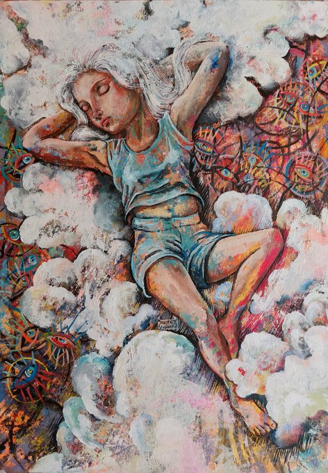 A colorful mixed-media painting depicting a woman with closed eyes lying among clouds, with vibrant peacock feather motifs and abstract patterns surrounding her.
