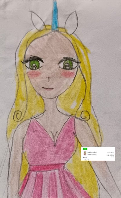 Hand-drawn colored pencil illustration of a girl with blonde hair, a blue unicorn horn, green eyes, and a pink dress, displayed on objkt marketplace with a sale tag.