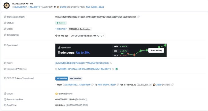 A screenshot of a blockchain transaction record shows a successful transfer of 3.11 BEP20 tokens (ASTER) with a timestamp of 18 hrs ago on Oct-05-2026, including a Polymarket advertisement.