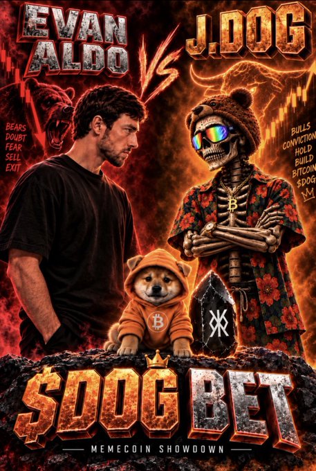 A promotional poster titled 'EVAN ALDO VS J.DOG' for a '$DOG BET MEMECOIN SHOWDOWN,' featuring a man, a skeleton character, a Shiba Inu dog in a hoodie, and bearish/bullish market indicators like 'FEAR,' 'DOUBT,' 'CONVICTION,' and 'HOLD.'