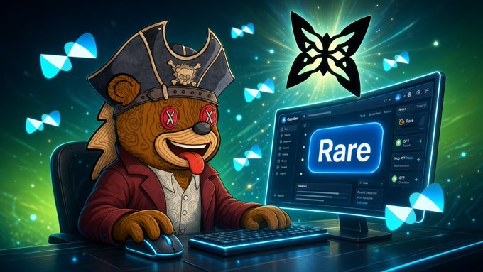 A cartoon pirate bear character with X's for eyes sits at a computer displaying the word 'Rare' on screen, with a butterfly logo and floating geometric shapes in the background.