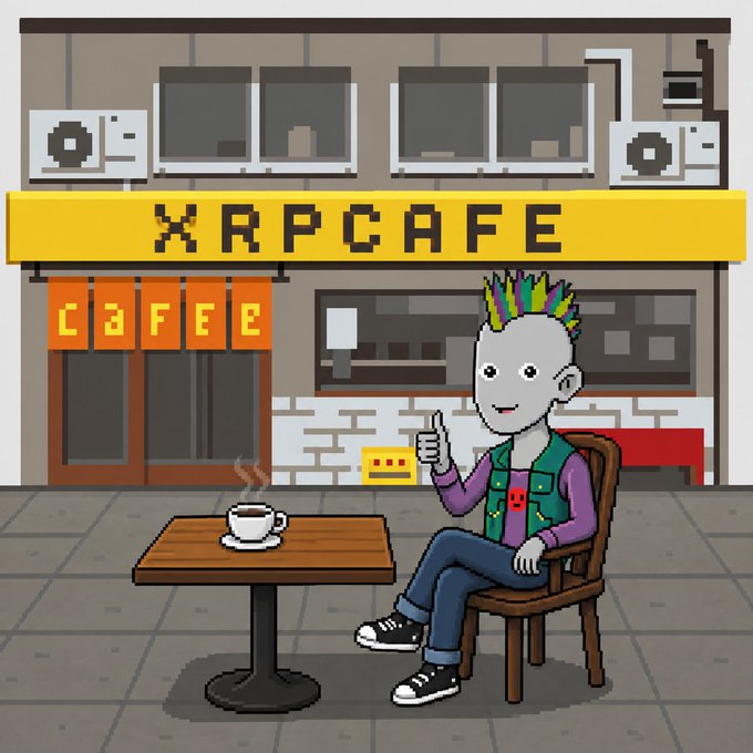 A cartoon illustration showing a character with a rainbow mohawk sitting at a table outside 'XRP CAFE', giving a thumbs up next to a steaming cup of coffee.