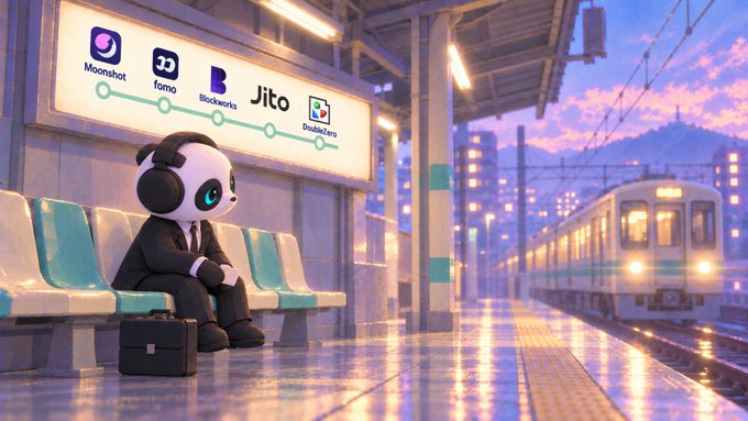 An AI-generated image of a panda wearing a business suit and headphones, sitting on a train station bench with a briefcase, next to a sign displaying cryptocurrency logos including Moonshot, Fomo, Blockworks, Jito, and DoubleZero.