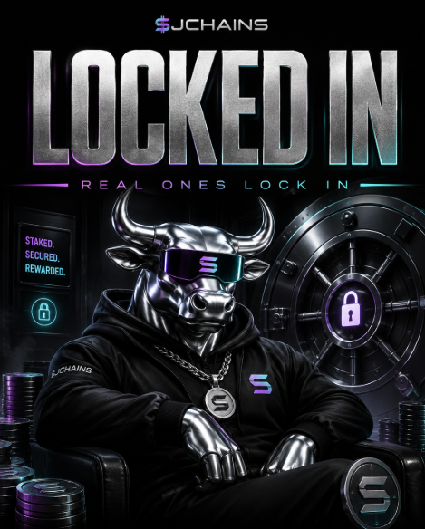 Promotional graphic featuring a metallic bull mascot with sunglasses next to a vault, branded "JCHAINS" with the headline "LOCKED IN - REAL ONES LOCK IN" and the tagline "STAKED. SECURED. REWARDED."