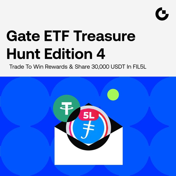Promotional banner for "Gate ETF Treasure Hunt Edition 4," featuring the subtitle "Trade To Win Rewards & Share 30,000 USDT In FIL5L," alongside an illustration of a white envelope opening to reveal coins marked with the USDT (Tether) and "5L" symbols, set against a blue patterned background with the Gate.io logo in the top right corner.
