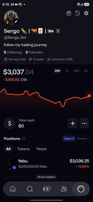 A screenshot of a crypto trading profile for 'Sengo' (@Sengo_Sol) showing a portfolio value of $3,037.04 with a -$390.92 24h loss, holding 5,000,000 febu tokens down 13.83%.