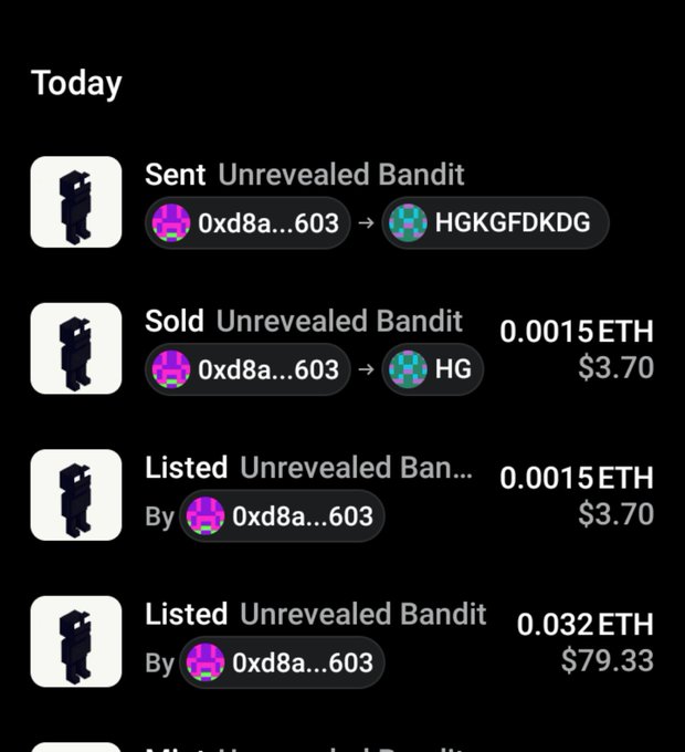 The image shows a "Today" activity feed displaying transactions involving "Unrevealed Bandit" NFTs from wallet address 0xd8a...603, including a listing at 0.032 ETH ($79.33), a listing at 0.0015 ETH ($3.70), a sale of one at 0.0015 ETH ($3.70), and a transfer to wallet HGKGFDKDG.

The screenshot illustrates the user's complaint: they accidentally listed an NFT for 0.0015 ETH instead of 0.015 ETH, resulting in a major loss of profit (about $76), which they argue the OpenSea website would have caught but the mobile app failed to flag.