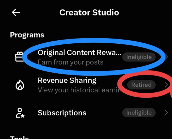A Creator Studio screenshot highlights "Original Content Rewards" as "Ineligible" (circled in blue) and "Revenue Sharing" marked as "Retired" (circled in red), alongside a "Subscriptions" option also labeled "Ineligible." The image illustrates the post's theme of an ending era for Revenue Sharing, while hinting that a new monetization opportunity has begun.
