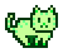 A pixel art image of a green dog-like creature with dark green spots and a curled tail against a white background.