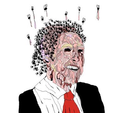 A stylized illustrated portrait shows a man in a suit and red tie with a wide grin, his head and hair composed of swirling brain-like patterns with small hook-like objects floating above.