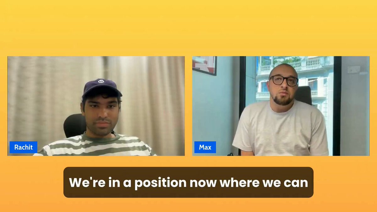 The image shows two men sitting at a desk with their faces displayed on a computer screen. The background of the image is yellow, which contrasts with the white text that reads "We're in a position now where we can." This phrase seems to be related to the content of the image or the post it appears to be part of.