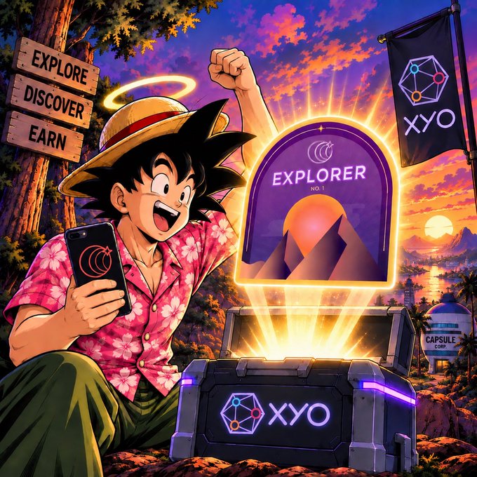 An anime-style illustration of a character in a straw hat and floral shirt, surrounded by 'EXPLORE DISCOVER EARN' signs and 'XYO' branded crates and a flag, promoting an 'EXPLORER' NFT.