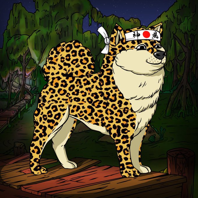 A cartoon illustration of a spotted leopard wearing a white headband with Japanese characters and a red circle, standing on a wooden platform in a forest setting.