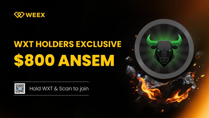 A WEEX promotional banner offering an $800 ANSEM exclusive reward for WXT holders, featuring a fiery bull logo on the right and instructions to "Hold WXT & Scan to join" via QR code, directly tied to the $500 WXT holding requirement detailed in the post.