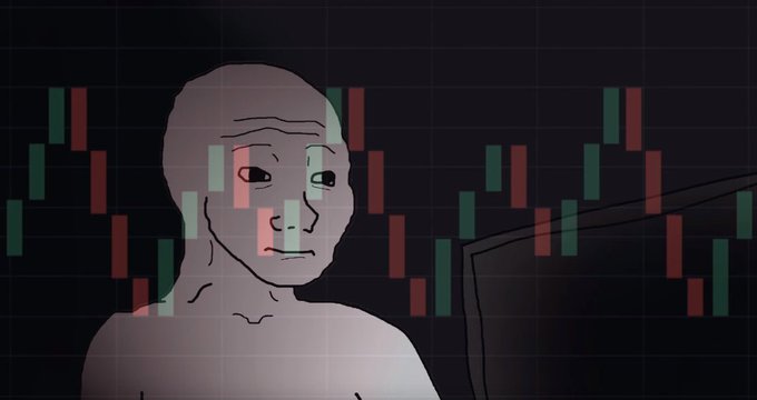 A dejected "Wojak" meme character sits shirtless at a computer with a red and green candlestick chart pattern superimposed behind him, perfectly capturing the weary sentiment of a crypto trader complaining about extreme market volatility and choppy price action.