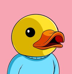A simple cartoon illustration of a yellow duck character wearing a light blue shirt against a solid pink background.