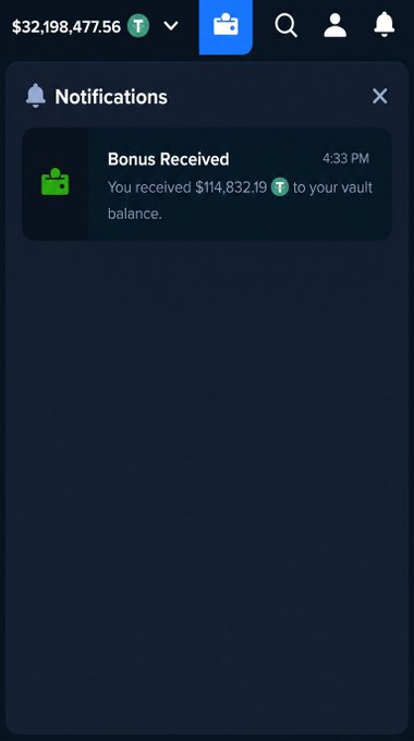 A notifications panel displays a "Bonus Received" alert showing $114,832.19 T has been deposited to a vault balance, despite the account's displayed total of $32,198,477.56. The image appears to be fabricated to lure viewers into a giveaway scam, with the large bonus notification designed to falsely suggest easy cryptocurrency earnings in exchange for engagement actions.