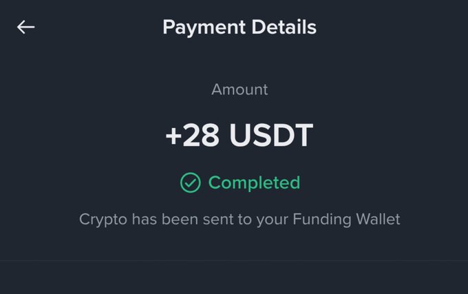 Payment Details screen showing a completed transaction of +28 USDT with confirmation that 'Crypto has been sent to your Funding Wallet.'