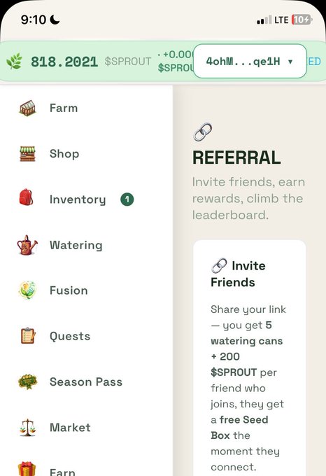 A screenshot of a mobile app interface showing a menu with options like Farm, Shop, Inventory, Watering, Fusion, Quests, Season Pass, and Market, alongside a 'REFERRAL' section promoting 'Invite Friends' for rewards in $SPROUT tokens.